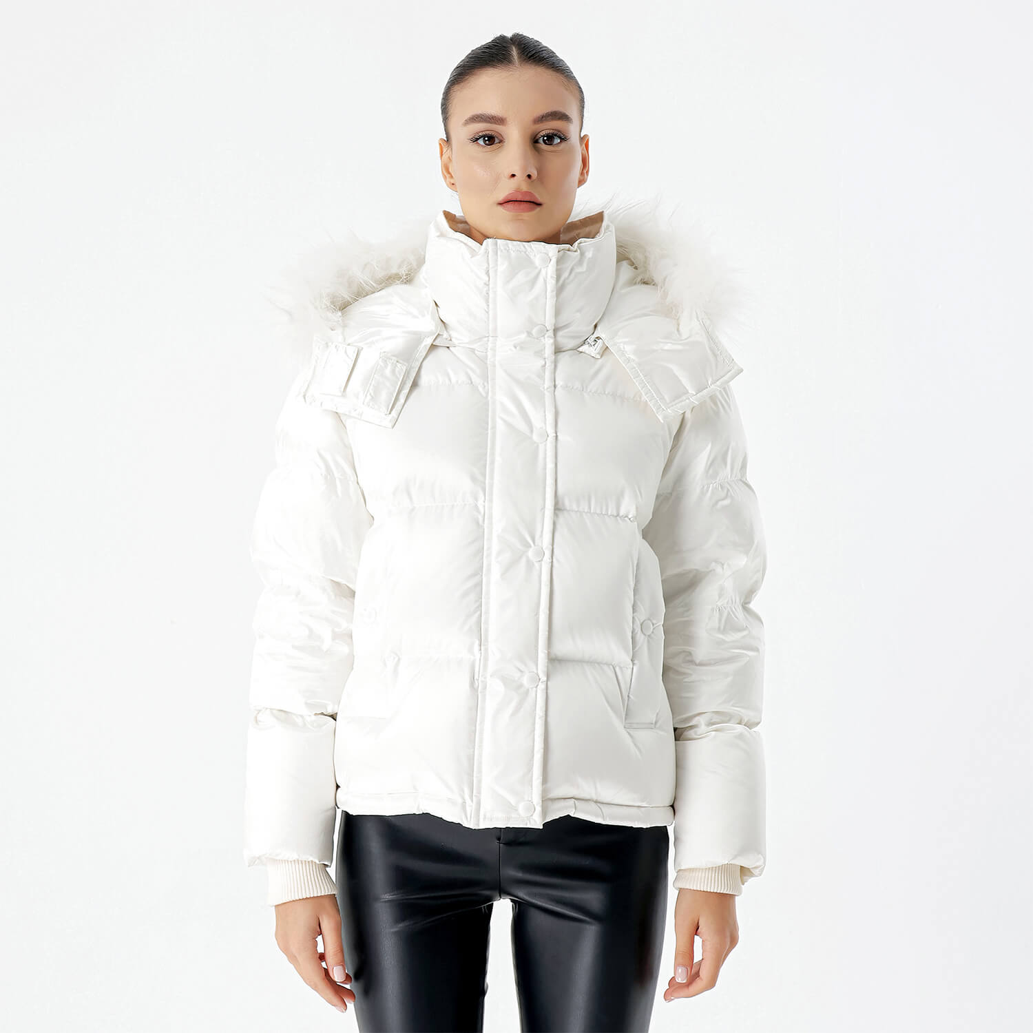 Mo &Co - White Fur Detail Puffer Hooded Coat